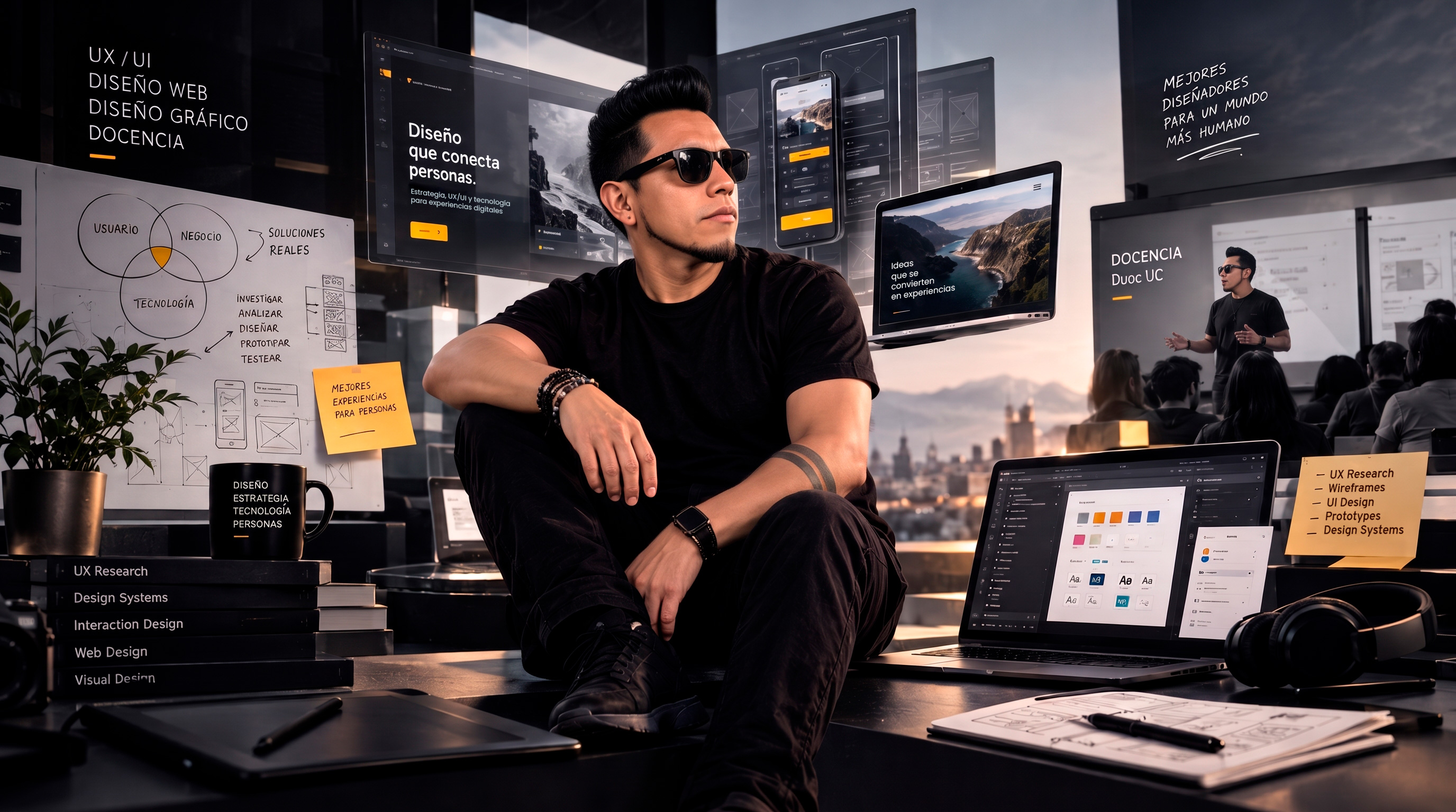 Composición visual del trabajo de Joel Espinoza: diseño UX/UI, diseño gráfico, estrategia, sistemas de diseño y docencia.